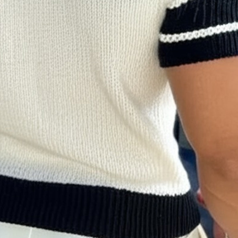 Men's Casual V-neck Striped Jacquard Slim Fit Knitted Short-sleeved Sweater T-Shirt 13072472M