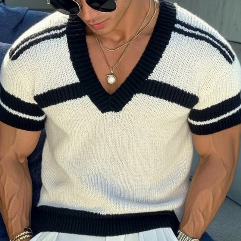 Men's Casual V-neck Striped Jacquard Slim Fit Knitted Short-sleeved Sweater T-Shirt 13072472M