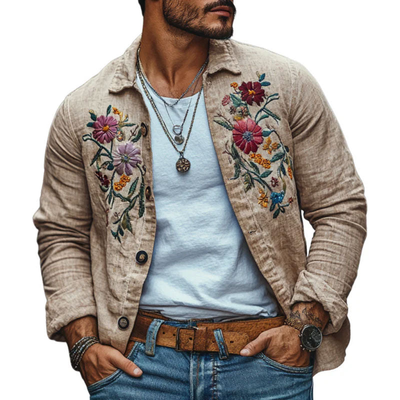 Men's Casual Linen Embroidered Lapel Loose Long Sleeve Shirt 13095416M