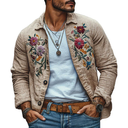 Men's Casual Linen Embroidered Lapel Loose Long Sleeve Shirt 13095416M