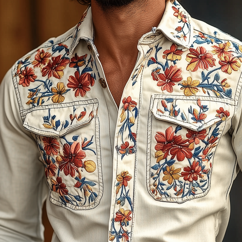 Men's Western Cowboy Style Embroidered Lapel Chest Pocket Long Sleeve Cotton Shirt 42207261Z