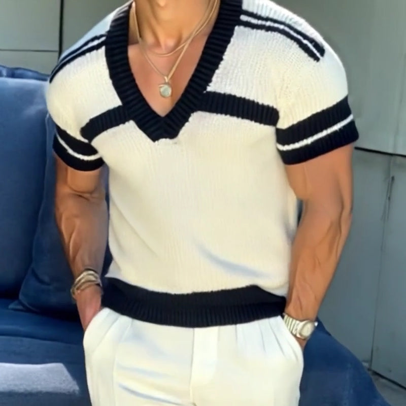 Men's Casual V-neck Striped Jacquard Slim Fit Knitted Short-sleeved Sweater T-Shirt 13072472M