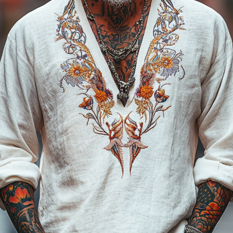 Men's Vintage Casual V-Neck Cotton Blend Embroidered Long Sleeve T-Shirt 04123888F