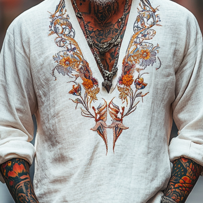 Men's Vintage Casual V-Neck Cotton Blend Embroidered Long Sleeve T-Shirt 04123888F