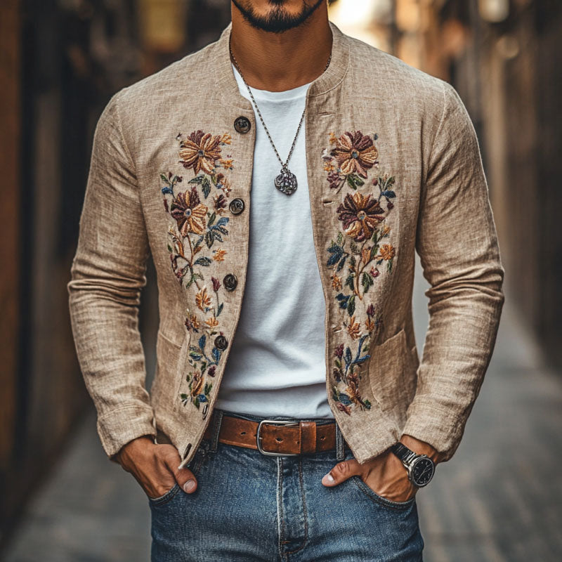 Men's Casual Linen Embroidered Stand Collar Single Breasted Slim Fit Jacket 48687422M