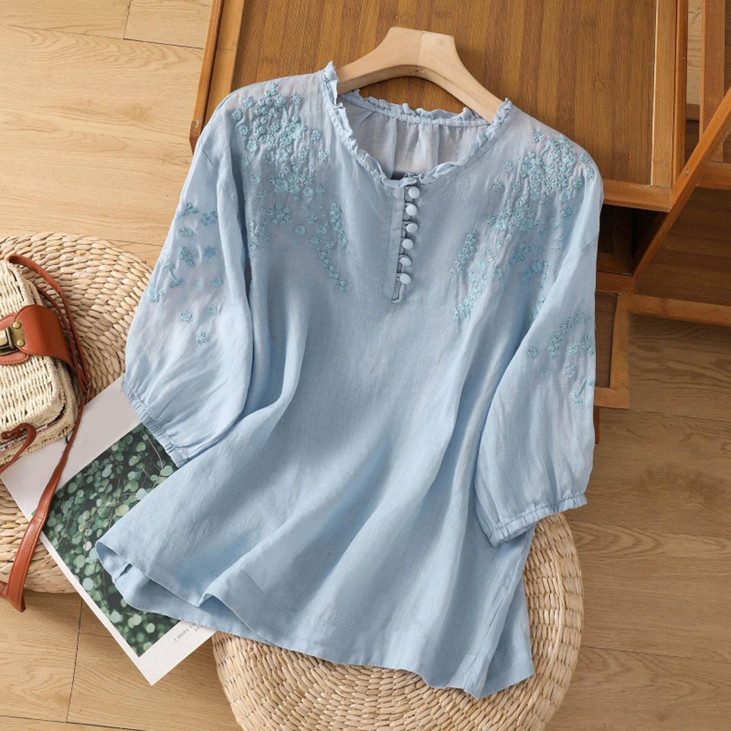 Suzanne™ | Tummy-Covering Embroidered Linen Blouse