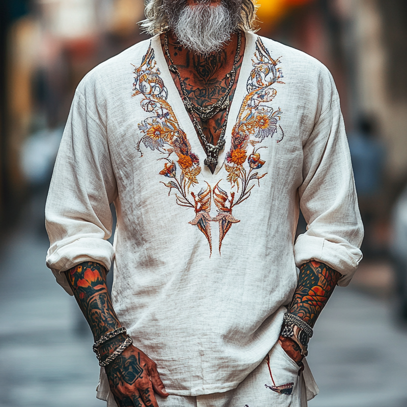 Men's Vintage Casual V-Neck Cotton Blend Embroidered Long Sleeve T-Shirt 04123888F