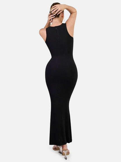 Popilush® Black Maxi Dress, built-in shapewear, elegant design.