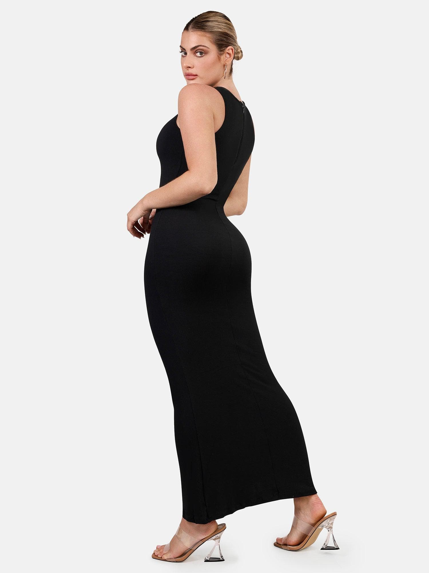 Popilush® black maxi dress, emphasizing the contour shapewear fit.