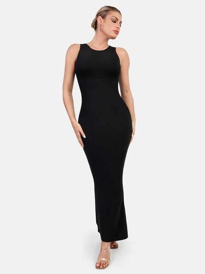 Black maxi dress by Popilush®, featuring shaping design and comfortable fabric.