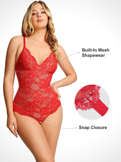 Red lace bodysuit shapewear, Popilush® provides built-in mesh and snap closure for easy wear.