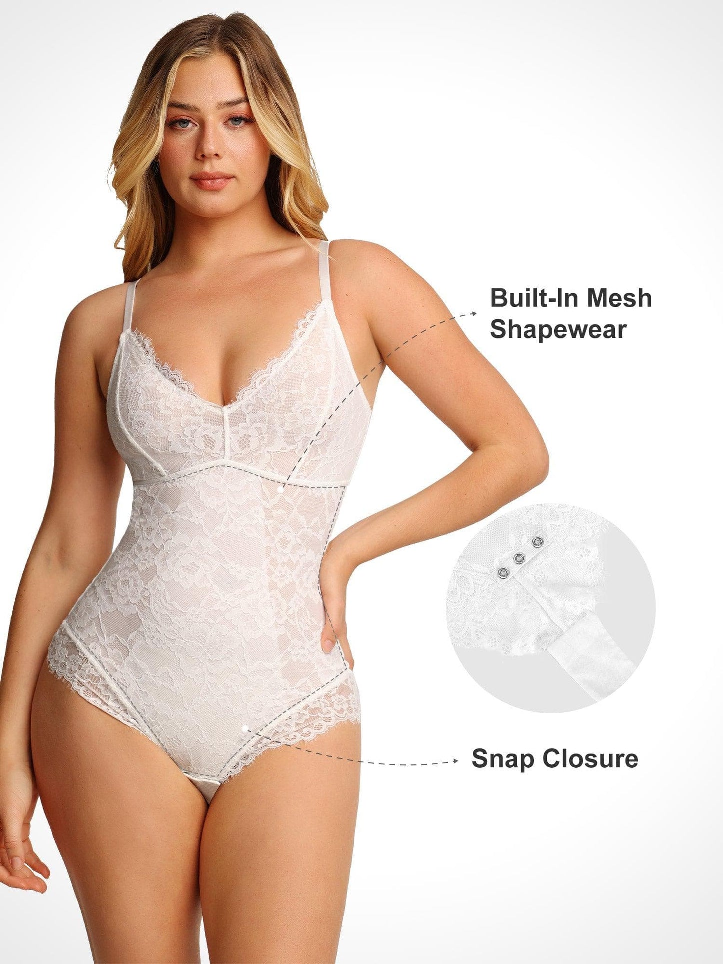 Popilush® white lace bodysuit with built-in mesh shapewear, designed for comfort and style with snap closure.
