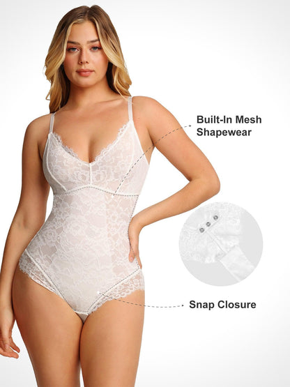 Popilush® white lace bodysuit with built-in mesh shapewear, designed for comfort and style with snap closure.