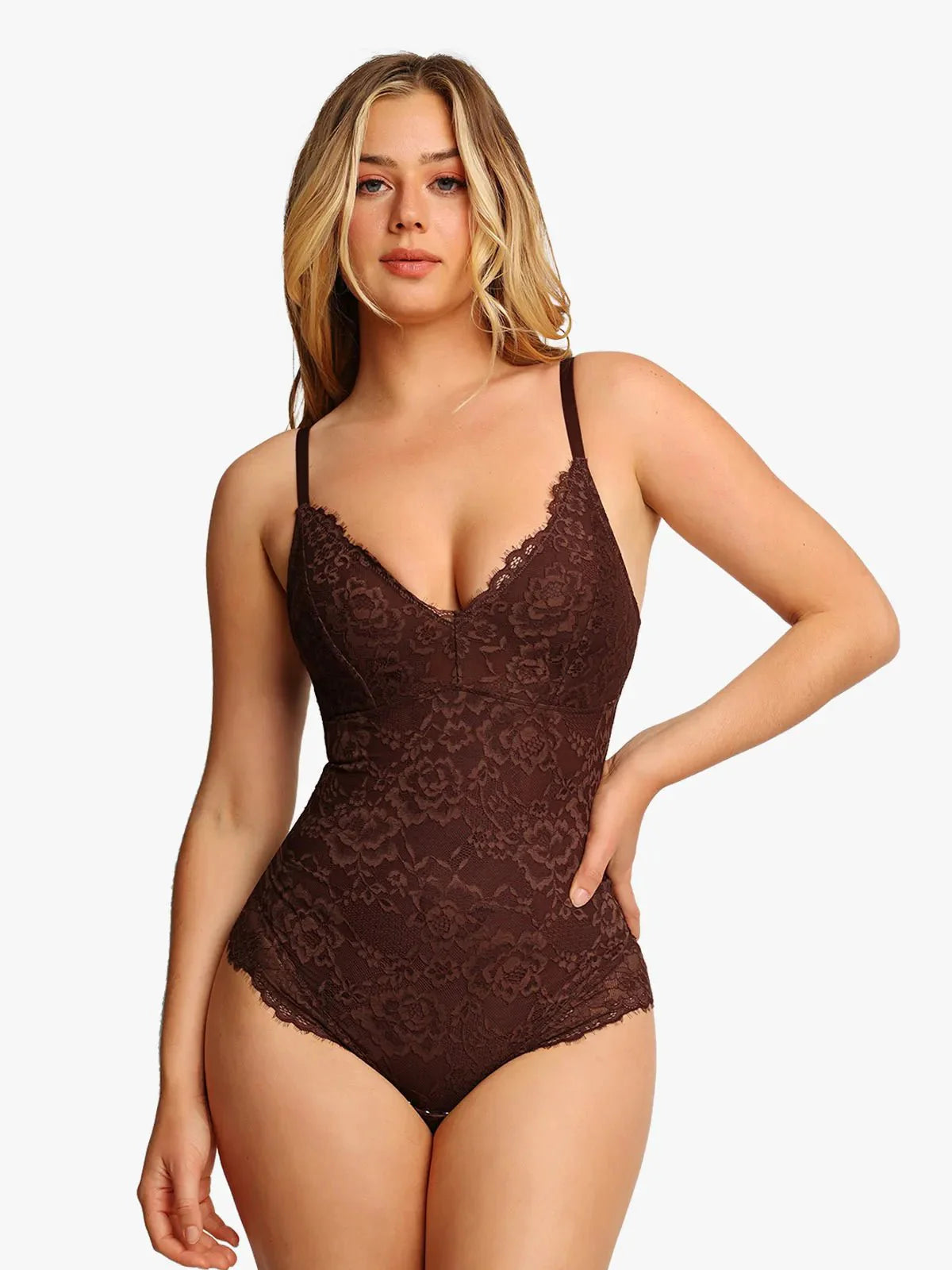 Flattering brown lace bodysuit shapewear, from Popilush®.