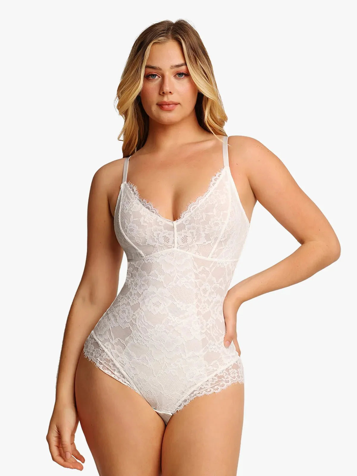 Sexy Popilush® white lace bodysuit, flattering design for confident women.