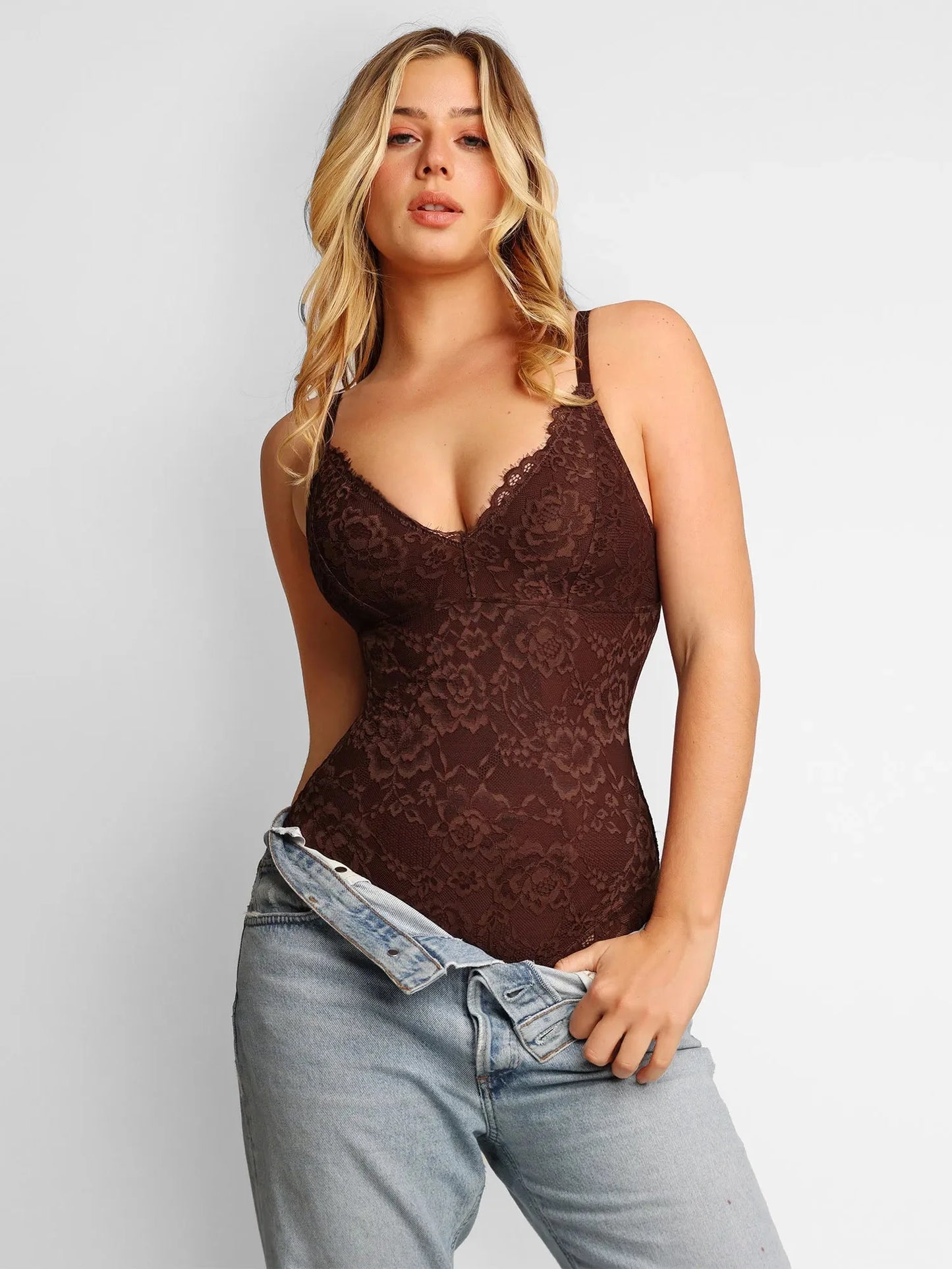 Popilush® brown lace bodysuit shapewear, a flattering look with jeans
