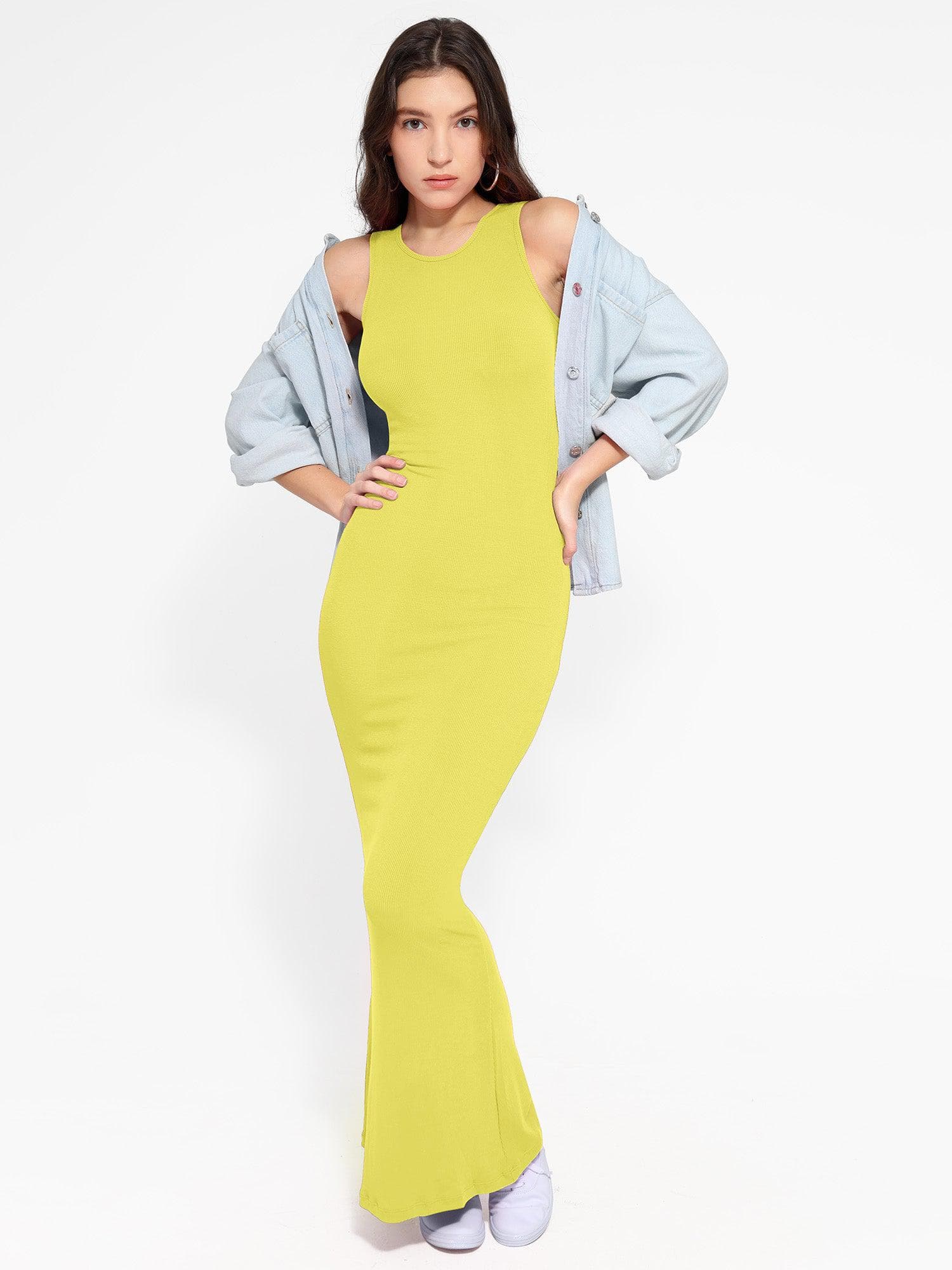 Popilush® yellow maxi dress with shapewear, stylish fit for women.