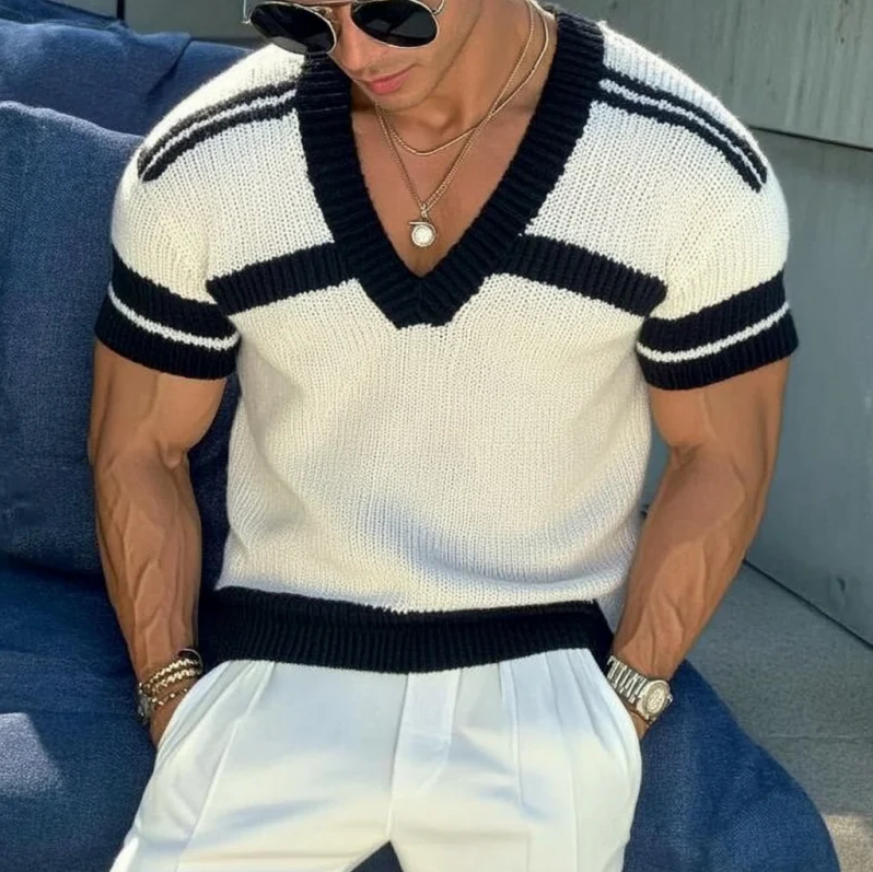 Men's Casual V-neck Striped Jacquard Slim Fit Knitted Short-sleeved Sweater T-Shirt 13072472M